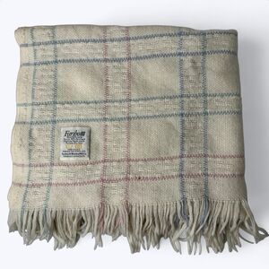 Vtg Faribo Woolen Mill Throw Blanket‎ 45x56" Cream Pastel Plaid Fringe Nursery